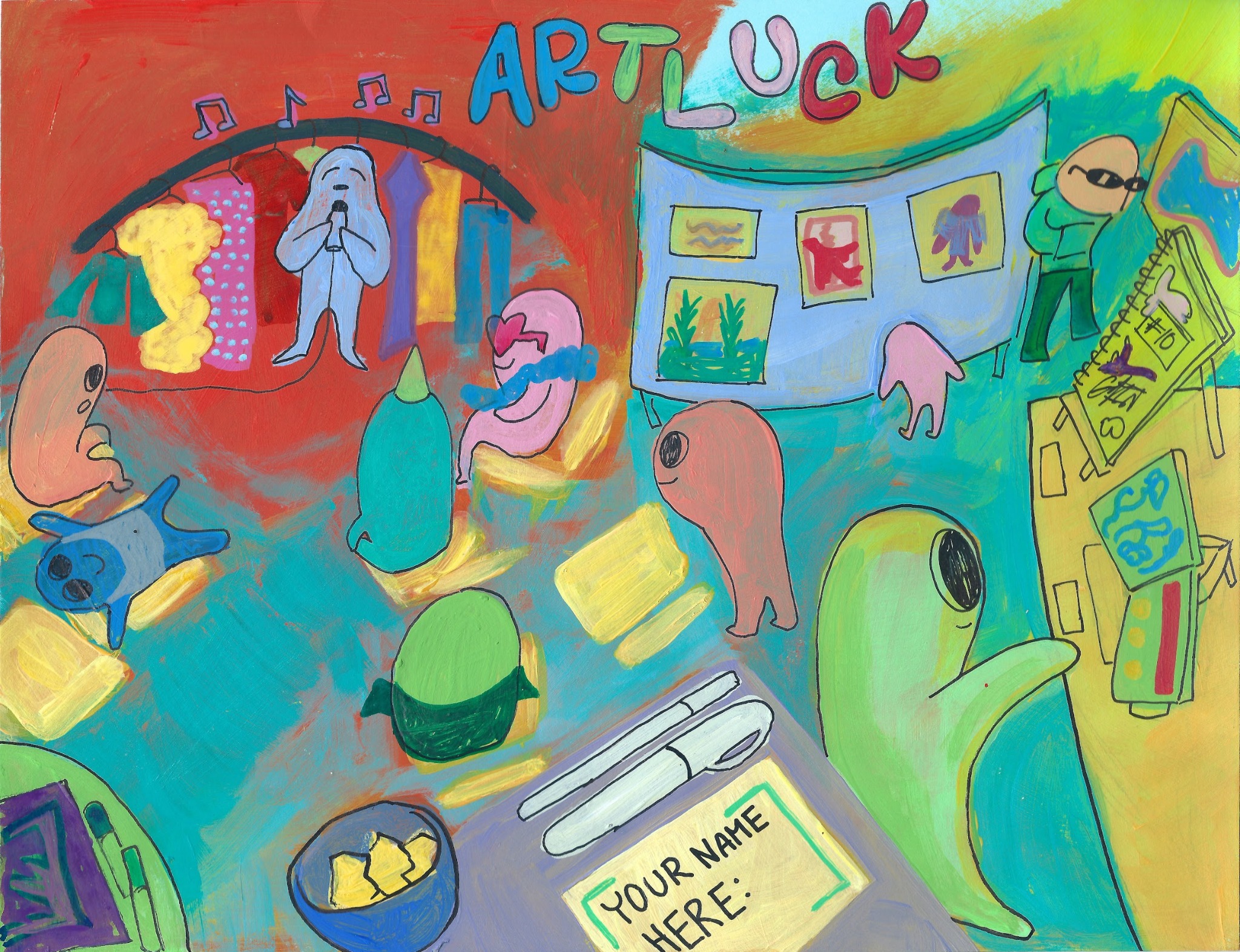 A hand-painted Artluck scene with colorful characters sharing music, drawings, food, and art